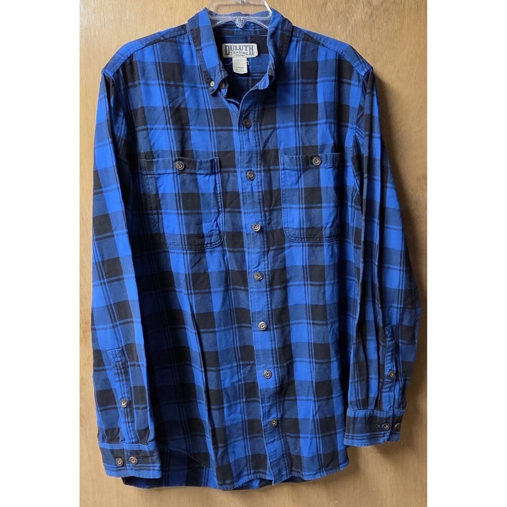 Duluth Trading Co Flannel Shirt Mens L Tall Blue Black Plaid Cotton Workwear